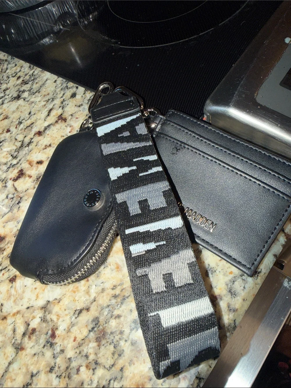 Steve Madden Black Leather Card Holder, Zip Pouch & Branded Black Strap 3fer NEW
